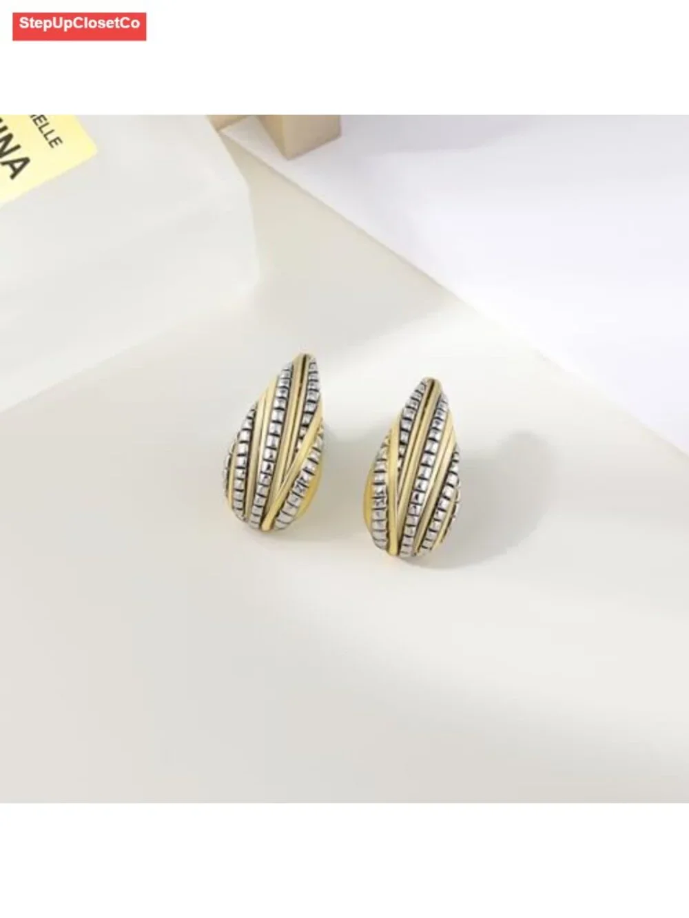 Two-Tone Triple Band Hoop Earrings - Gold Silver Plated Textured Statement Hoops
